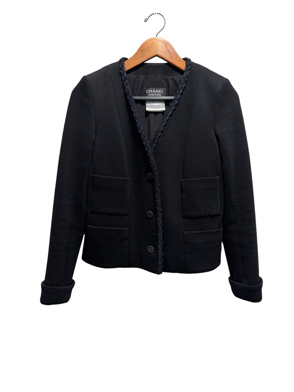 Chanel Uniform Black Cropped Jacket – Tweed Trim – Size 38 (Fits Small) - Picture 2 of 12